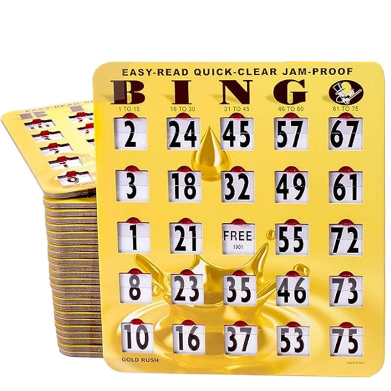 MR CHIPS Jam-Proof Easy-Read Quick-Clear Large Print Fingertip Slide Bingo Cards with Sliding Windows 50 Pack in Gold Rush Style - Image 1